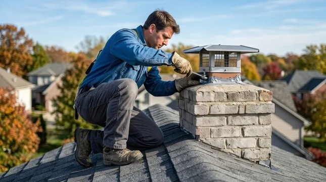 Technician securing a stainless cap on a painted brick chimney