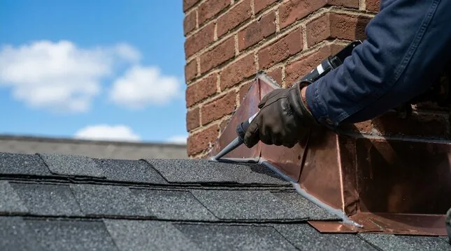 Copper flashing being sealed where a brick chimney meets roof shingles