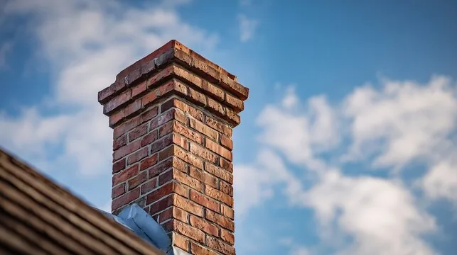 Rebuilt corbelled brick chimney top against a bright sky