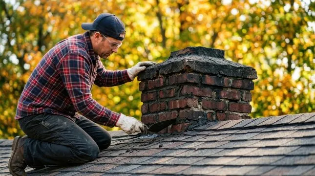 Mason on a roof examining an old brick chimney crown up close
