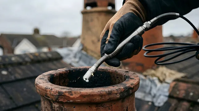 Inspection camera lowered into a clay chimney pot
