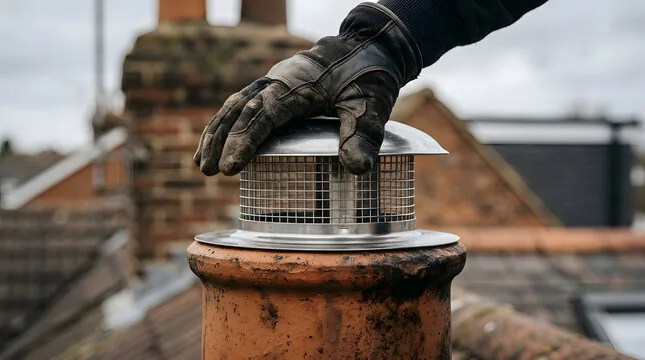 Mesh cap fitted on a clay chimney pot