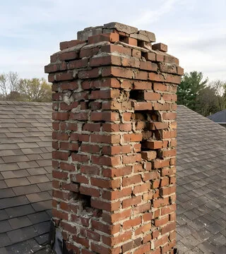 Before: chimney with bricks pushed out, holes in the face and a crumbling top