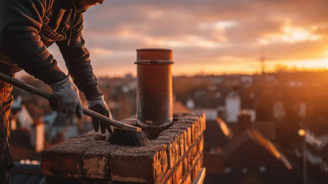 Brushing a chimney top at sunset over the hills