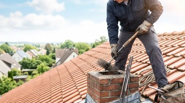 Sweeping a chimney on a clay tile roof
