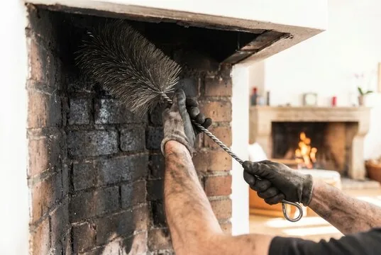 Wire brush cleaning a sooty firebox